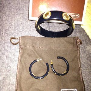 Coach Gold Stud Logo Black Bangle Bracelet and Hoop earrings